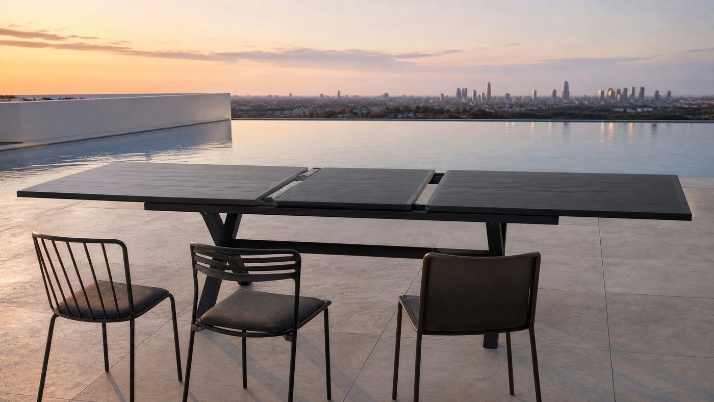 Long extendable outdoor dining table beside a rooftop infinity pool at dusk