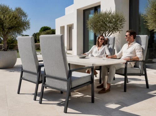 Outdoor Dining Armchair with Adjustable Back | Grey Fabric High-Back Patio Chair for Terrace Garden Hotel