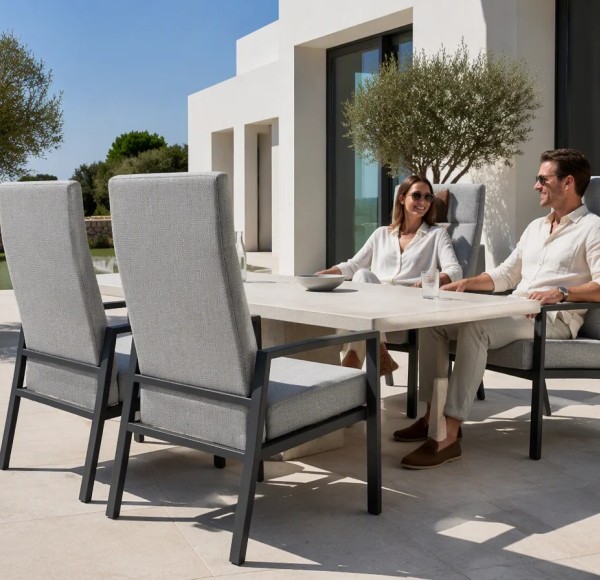 Outdoor Dining Armchair with Adjustable Back | Grey Fabric High-Back Patio Chair for Terrace Garden Hotel