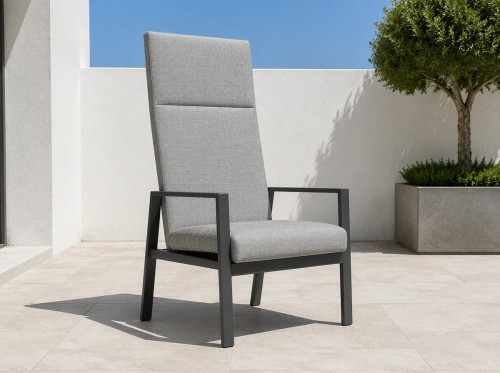 Outdoor Dining Armchair with Adjustable Back | Grey Fabric High-Back Patio Chair for Terrace Garden Hotel