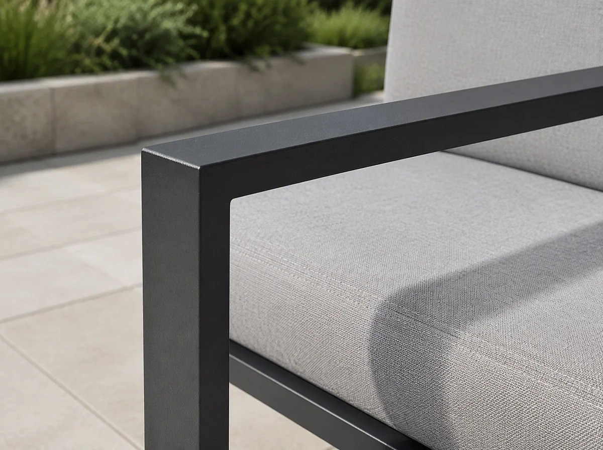 Close view of the rectangular charcoal steel armrest loop of an outdoor dining armchair with a grey upholstered seat behind