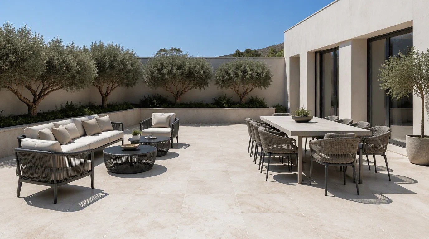 Outdoor furniture on a modern villa terrace: an aluminium sofa set with cream cushions and a set of upholstered dining chairs around a long table