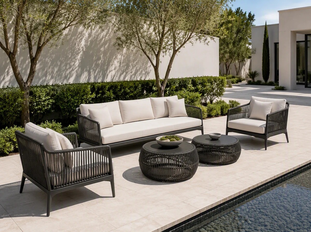 Aluminium outdoor sofa set with cream cushions and two round rope-woven coffee tables in a villa courtyard