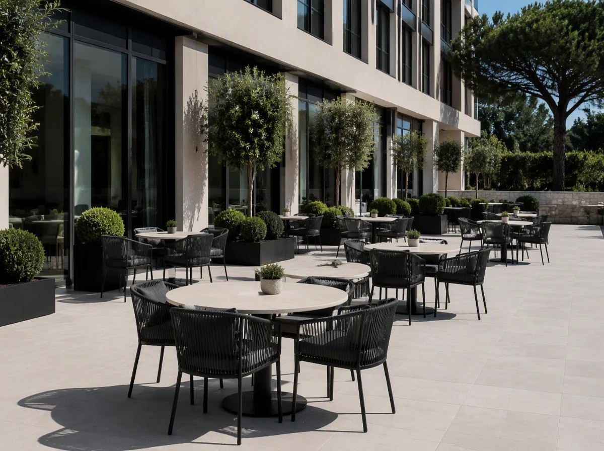Managed outdoor dining terrace outside a modern glass-fronted hotel with rows of chairs and round tables