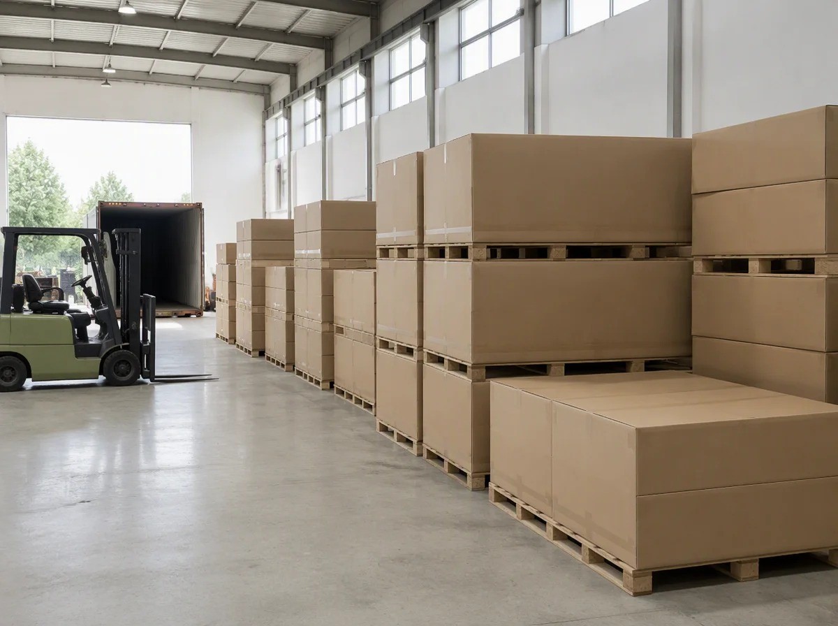 Furniture export warehouse with cardboard cartons stacked on timber pallets ready for container loading