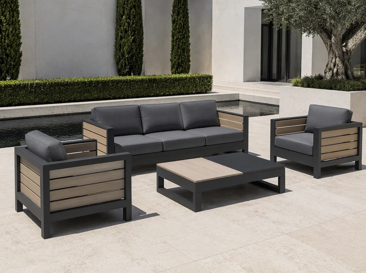 Four-piece outdoor lounge set with dark charcoal aluminium frames, wood-look slat panels and a two-tone coffee table