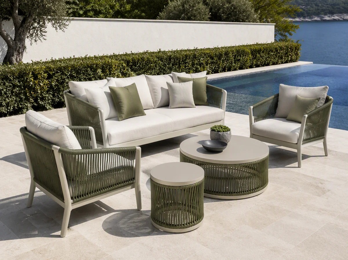 Five-piece rope-weave outdoor lounge set with cream cushions and olive rope panels beside a resort pool