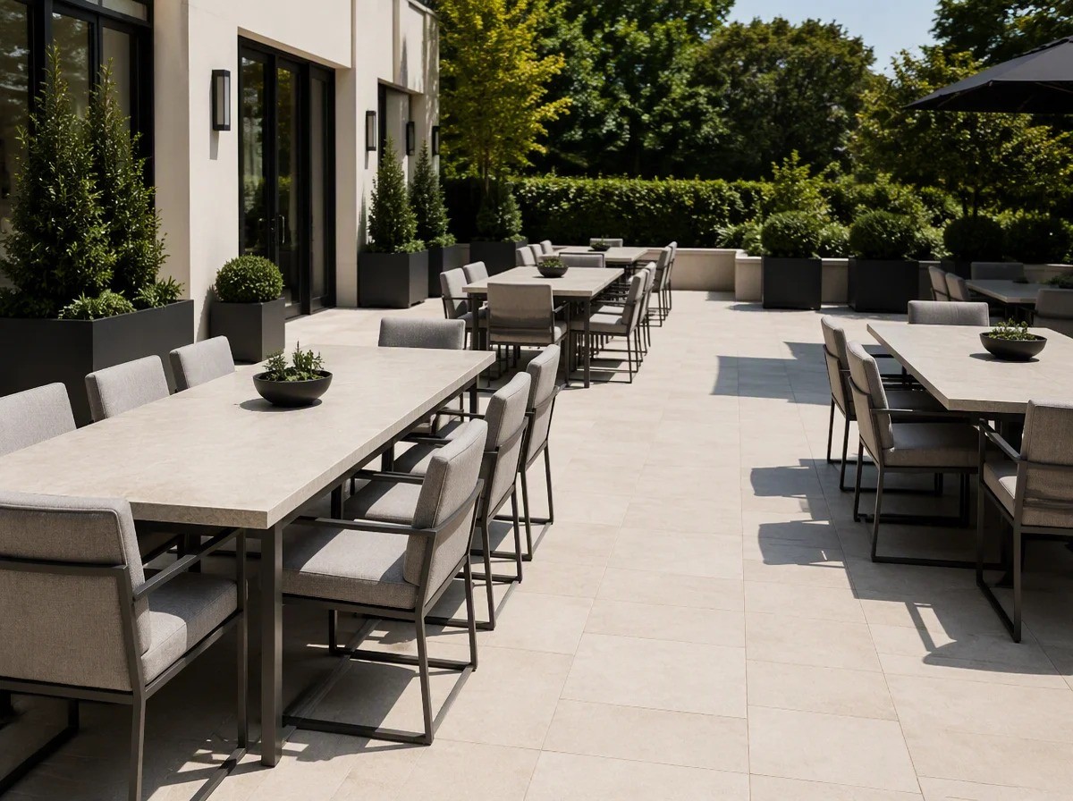 Restaurant terrace laid out with long outdoor dining tables and upholstered dining chairs with clear circulation routes