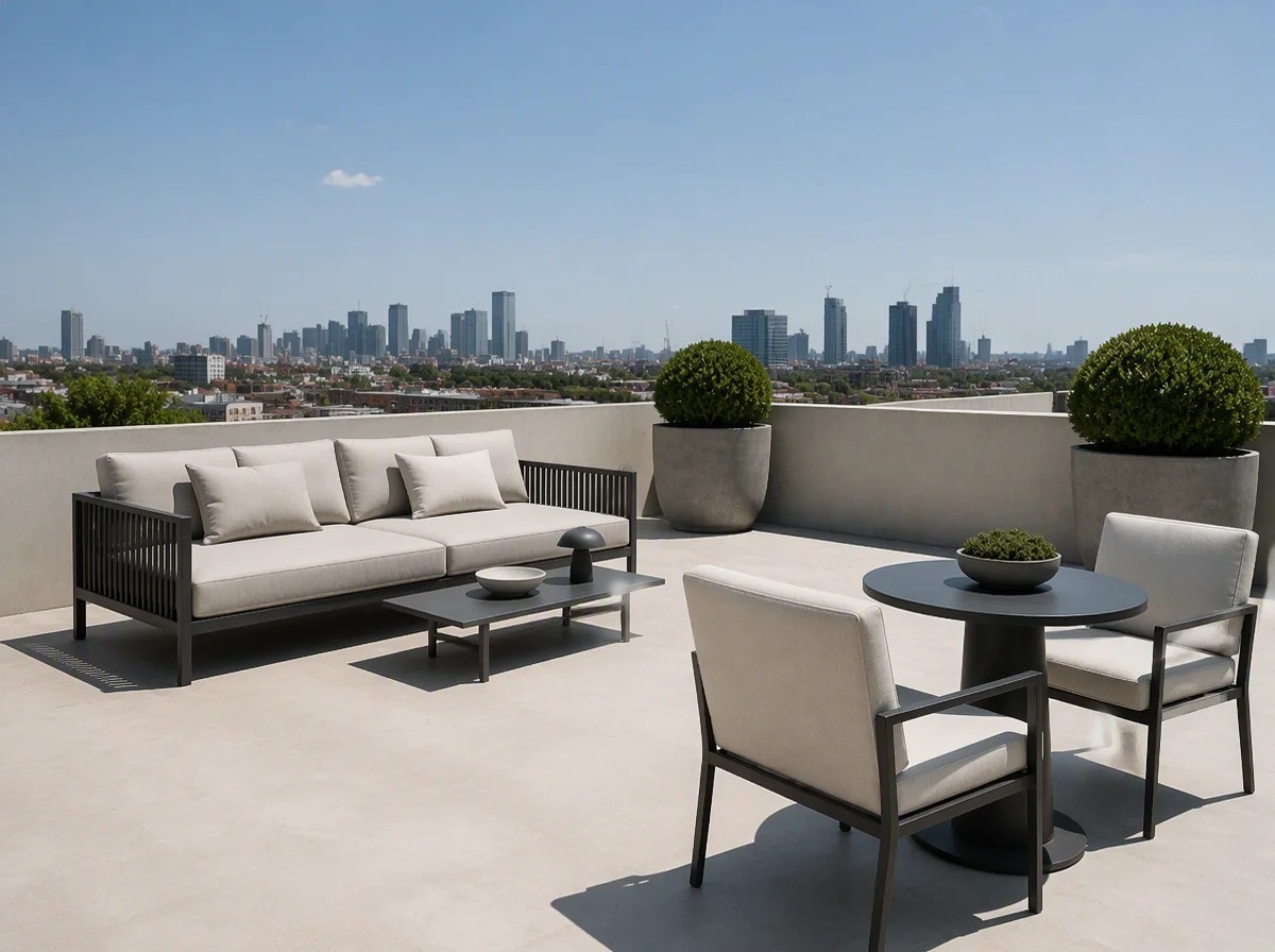 Rooftop terrace laid out with a low aluminium outdoor sofa and upholstered dining chairs with clear walking space between groups