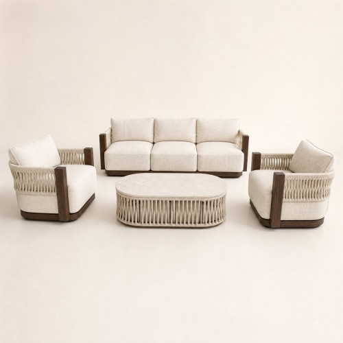 Aluminium Swivel Lounge Set | Three-Seater, Two Swivel Armchairs & Braided Stone-Top Coffee Table