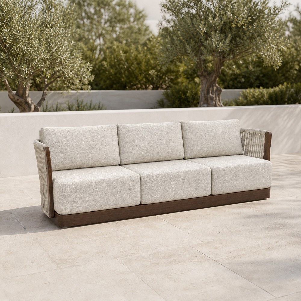 Three-seater aluminium outdoor sofa with braided side panels and cream cushions