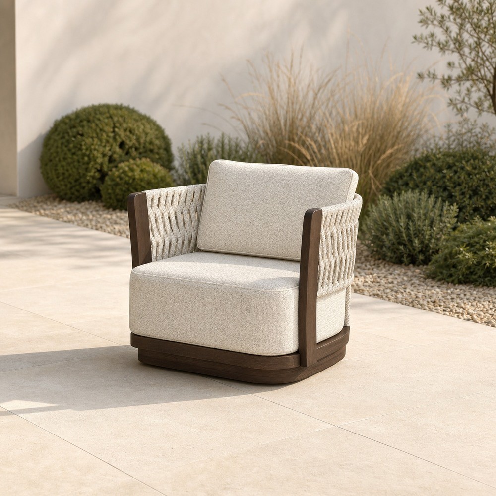 Swivel armchair with braided side panels and a cream cushion