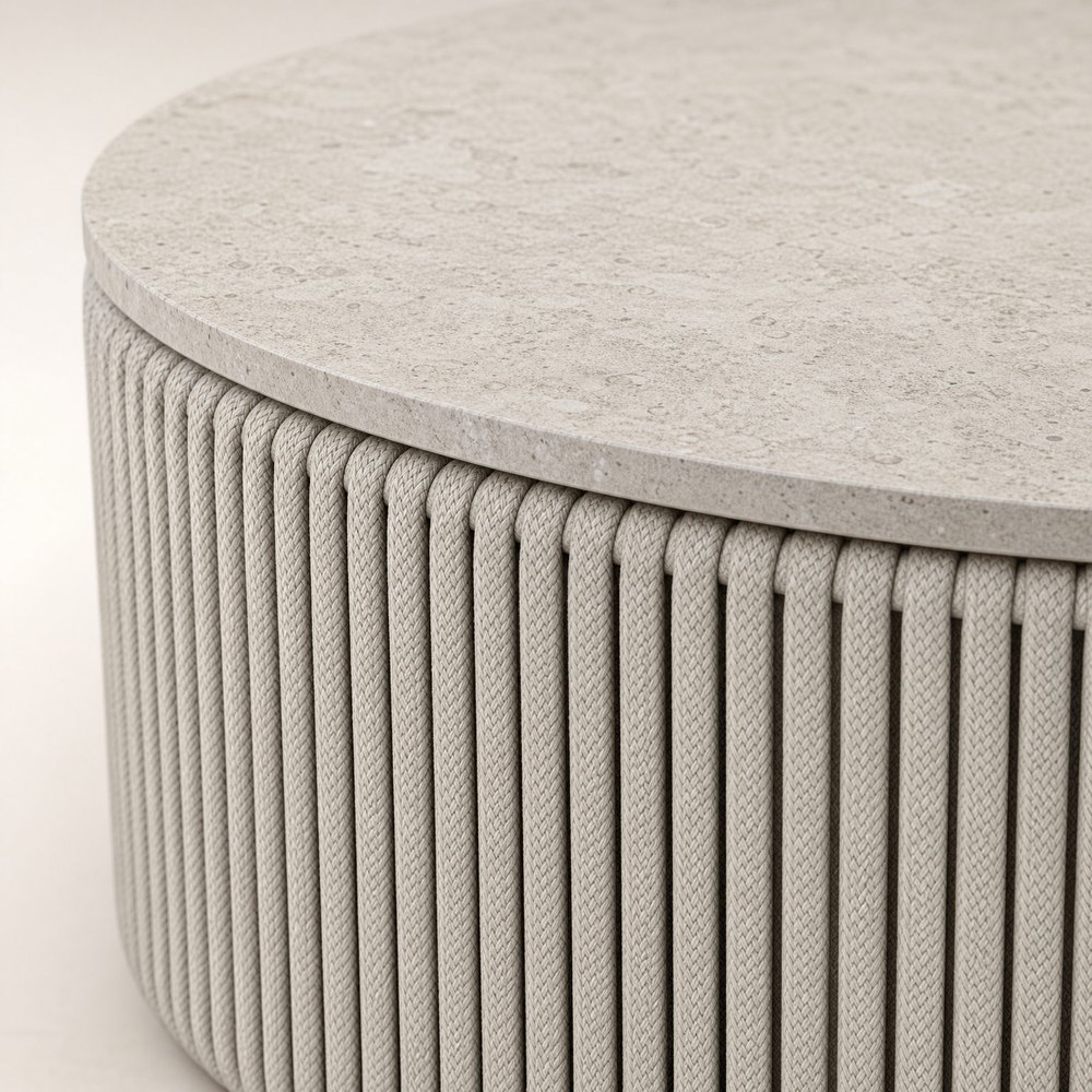 Oval sintered stone coffee table top over a braided base