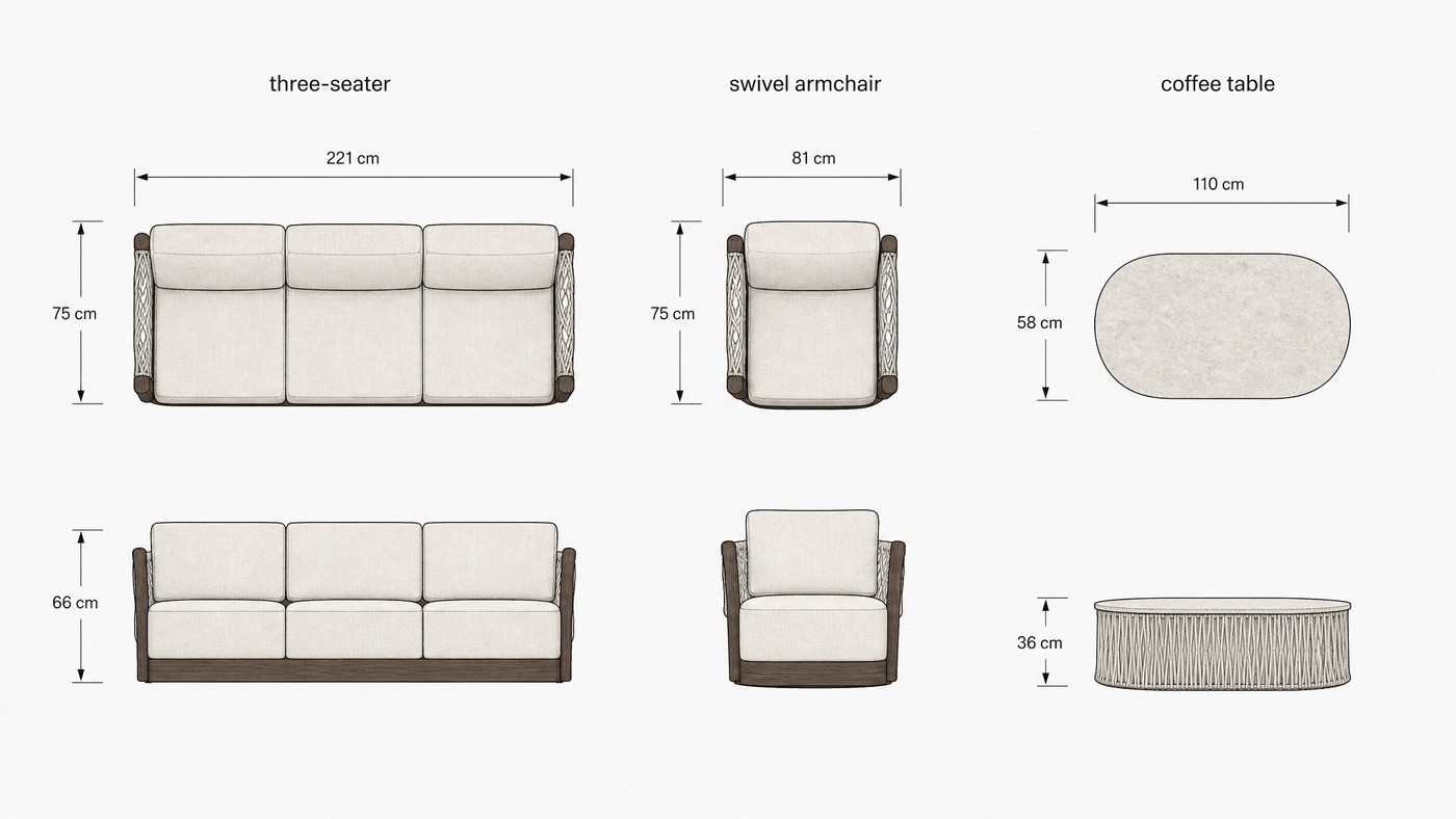 Dimension drawing of the three-seater, swivel armchair and coffee table
