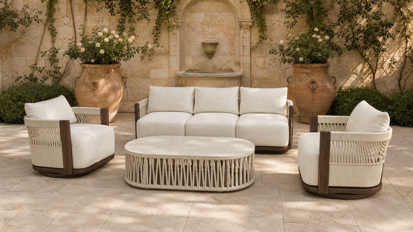 Aluminium swivel lounge set on a stone courtyard with a wall fountain