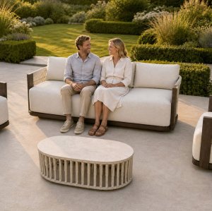 Aluminium Swivel Lounge Set | Three-Seater, Two Swivel Armchairs & Braided Stone-Top Coffee Table