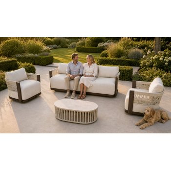Aluminium Swivel Lounge Set | Three-Seater, Two Swivel Armchairs & Braided Stone-Top Coffee Table
