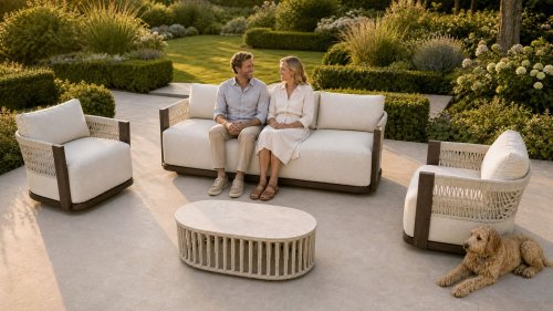 Aluminium Swivel Lounge Set | Three-Seater, Two Swivel Armchairs & Braided Stone-Top Coffee Table