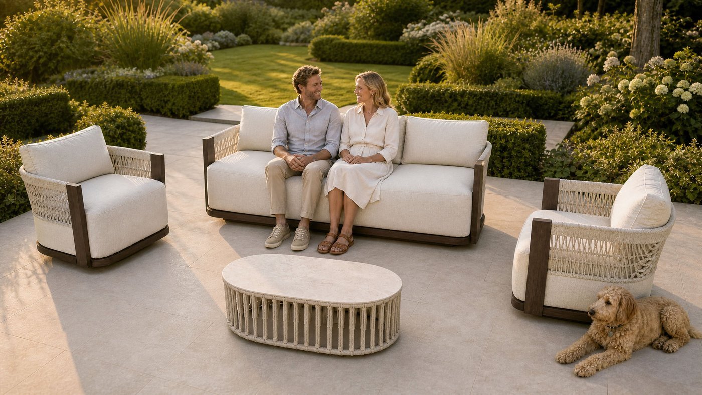 Aluminium swivel lounge set with braided side panels beside an outdoor pool