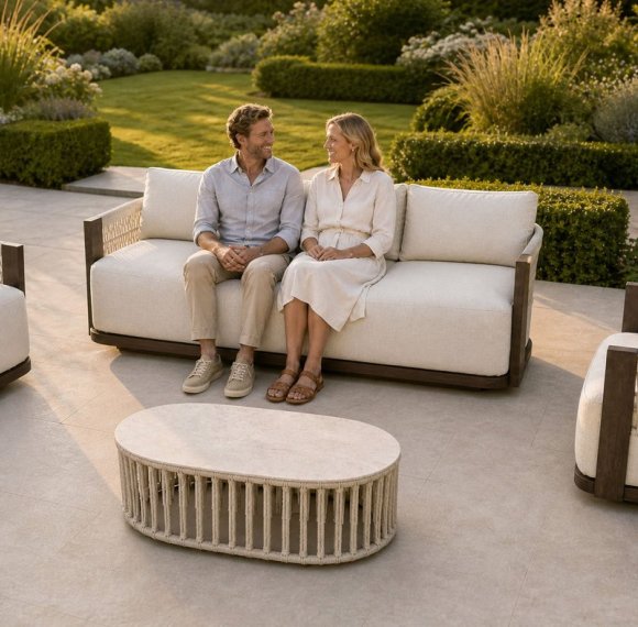 Aluminium Swivel Lounge Set | Three-Seater, Two Swivel Armchairs & Braided Stone-Top Coffee Table