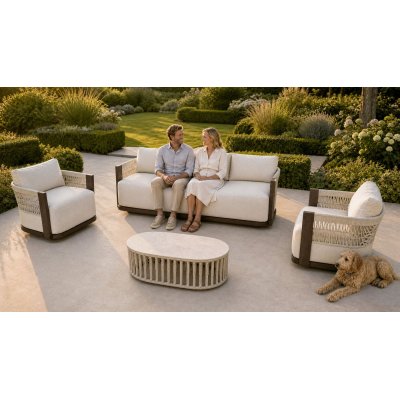 Aluminium Swivel Lounge Set | Three-Seater, Two Swivel Armchairs & Braided Stone-Top Coffee Table