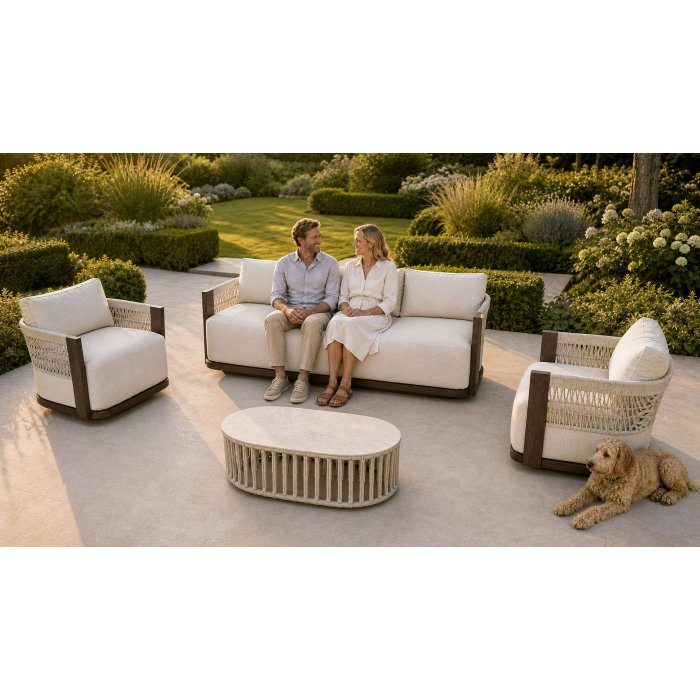 Aluminium Swivel Lounge Set | Three-Seater, Two Swivel Armchairs & Braided Stone-Top Coffee Table