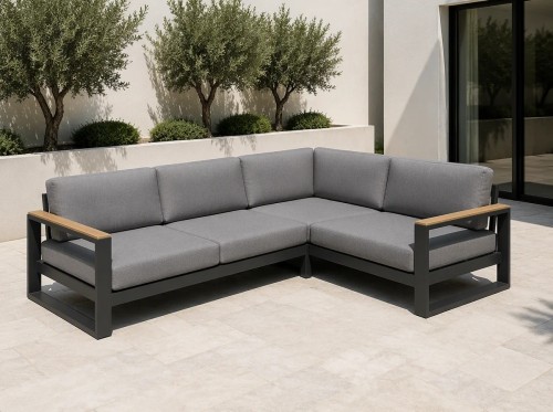 Aluminium Corner Sofa Set | 6-Piece Teak-Arm Outdoor Lounge with Half-Height Table for Villa Deck Hotel Terrace