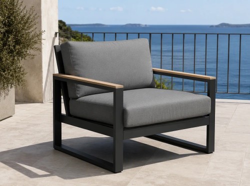Aluminium Corner Sofa Set | 6-Piece Teak-Arm Outdoor Lounge with Half-Height Table for Villa Deck Hotel Terrace