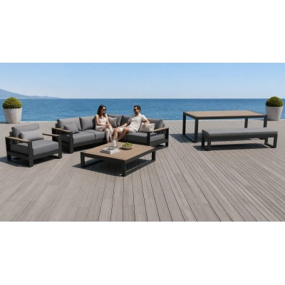 Aluminium Corner Sofa Set | 6-Piece Outdoor Lounge with Wood-Top Table and Dining Bench for Villa Deck Hotel Terrace