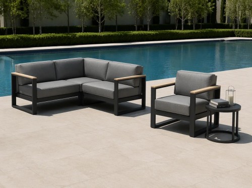 Aluminium Corner Sofa Set | 6-Piece Teak-Arm Outdoor Lounge with Half-Height Table for Villa Deck Hotel Terrace