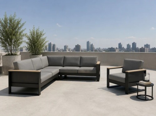 Aluminium Corner Sofa Set | 6-Piece Teak-Arm Outdoor Lounge with Half-Height Table for Villa Deck Hotel Terrace