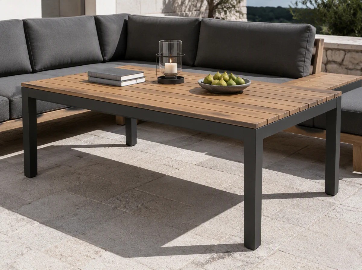 Low outdoor half-height table at about sofa arm height, with a teak slat top on a charcoal aluminium frame