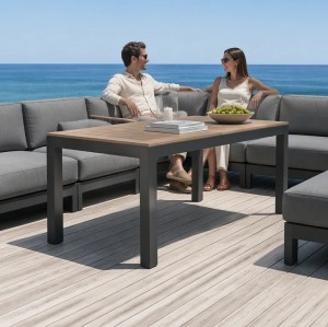 Aluminium Corner Sofa Set | 6-Piece Teak-Arm Outdoor Lounge with Half-Height Table for Villa Deck Hotel Terrace