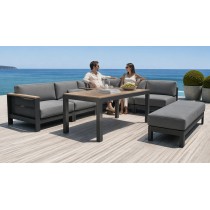 Aluminium Corner Sofa Set | 6-Piece Teak-Arm Outdoor Lounge with Half-Height Table for Villa Deck Hotel Terrace