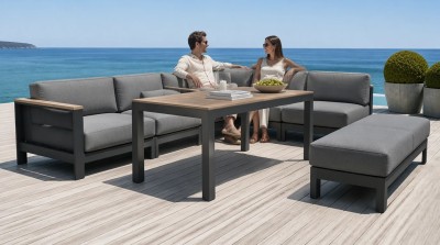 Aluminium Corner Sofa Set | 6-Piece Teak-Arm Outdoor Lounge with Half-Height Table for Villa Deck Hotel Terrace