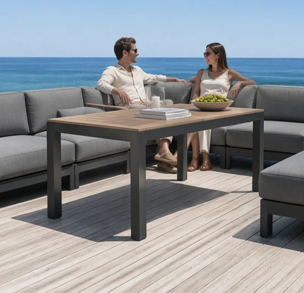 Aluminium Corner Sofa Set | 6-Piece Teak-Arm Outdoor Lounge with Half-Height Table for Villa Deck Hotel Terrace