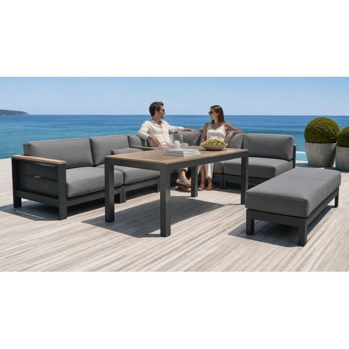 Aluminium Corner Sofa Set | 6-Piece Teak-Arm Outdoor Lounge with Half-Height Table for Villa Deck Hotel Terrace