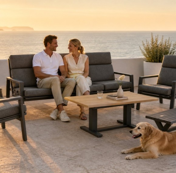 Aluminium Five-Piece Outdoor Lounge Set | Three-Seater, Two Armchairs, Coffee Table & Slatted Bench