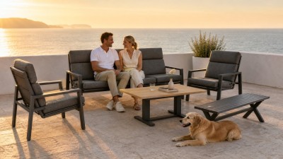 Aluminium Five-Piece Outdoor Lounge Set | Three-Seater, Two Armchairs, Coffee Table & Slatted Bench