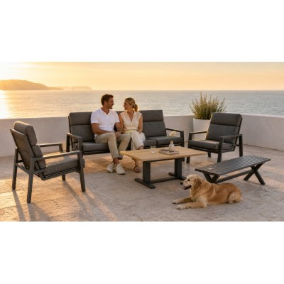Aluminium Five-Piece Outdoor Lounge Set | Three-Seater, Two Armchairs, Coffee Table & Slatted Bench