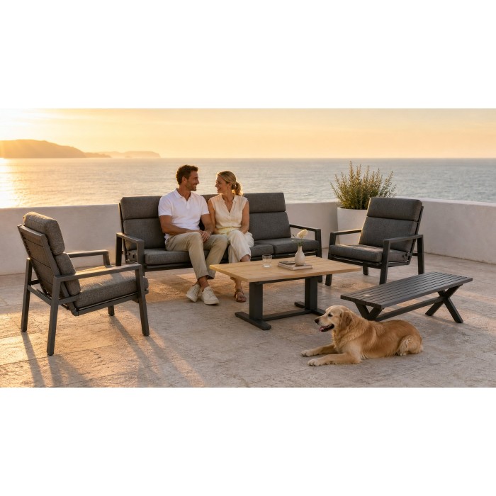 Aluminium Five-Piece Outdoor Lounge Set | Three-Seater, Two Armchairs, Coffee Table & Slatted Bench