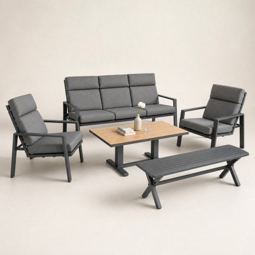 Aluminium Five-Piece Outdoor Lounge Set | Three-Seater, Two Armchairs, Coffee Table & Slatted Bench