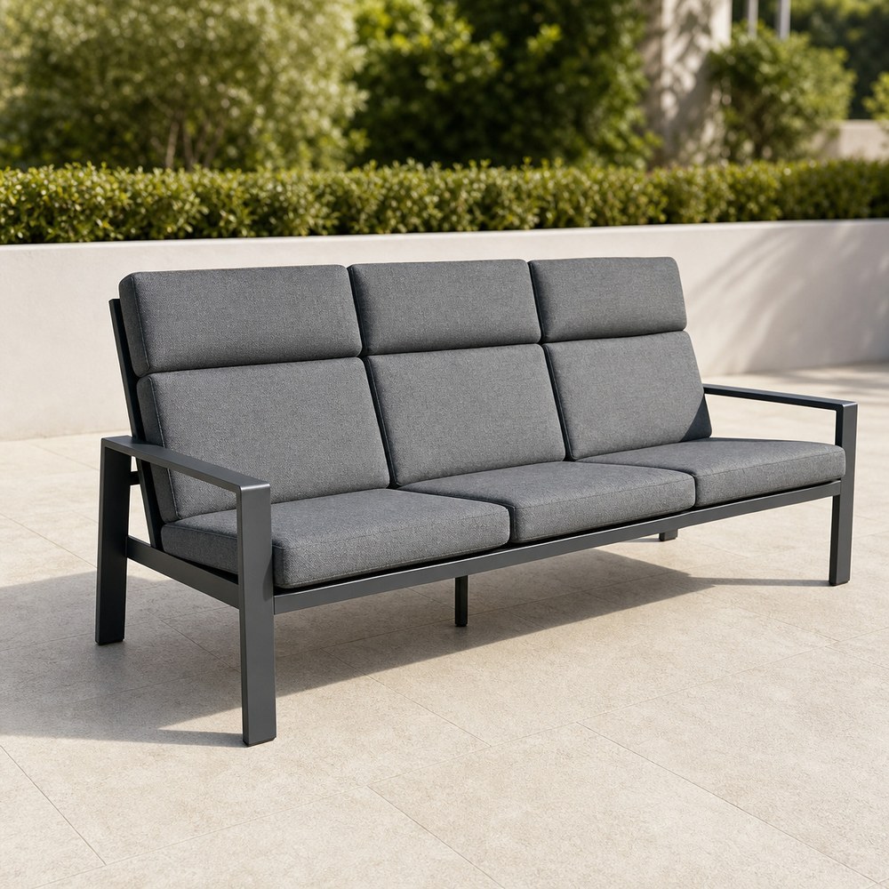 Three-seater aluminium outdoor sofa with grey cushions