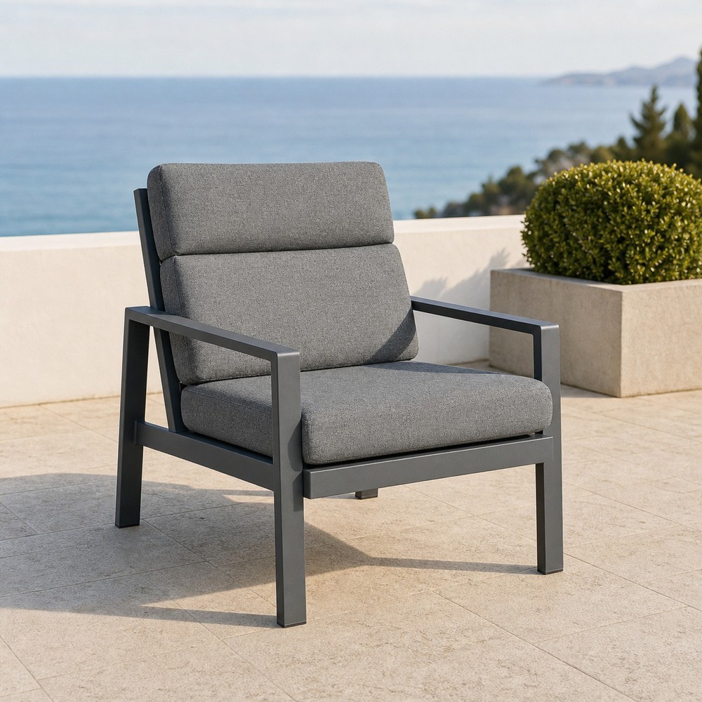 Single aluminium armchair with grey cushions