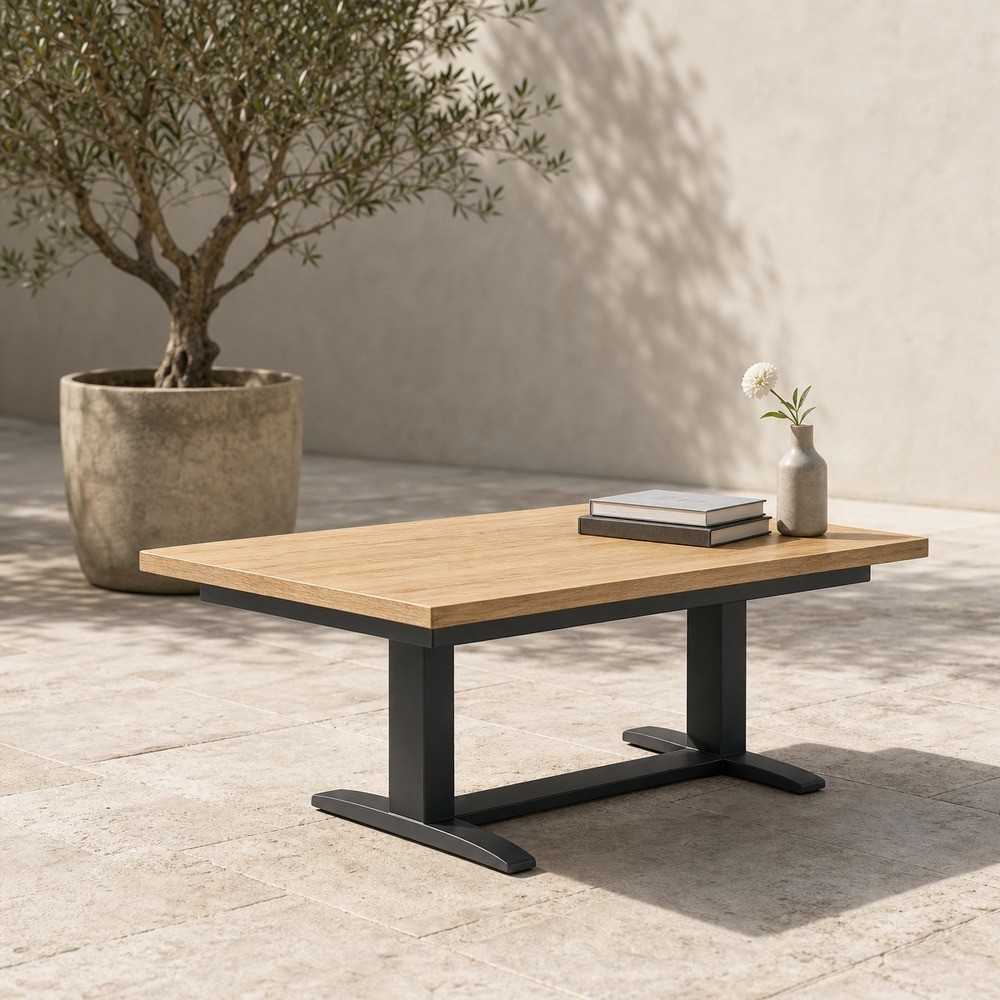 Coffee table with a light wood grain top on a dark base