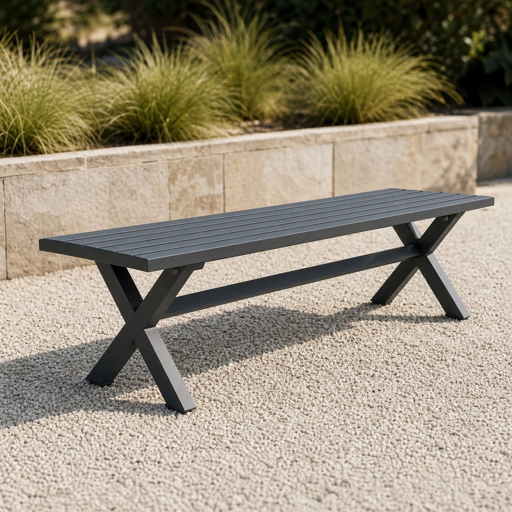 Slatted aluminium bench with X-shaped legs