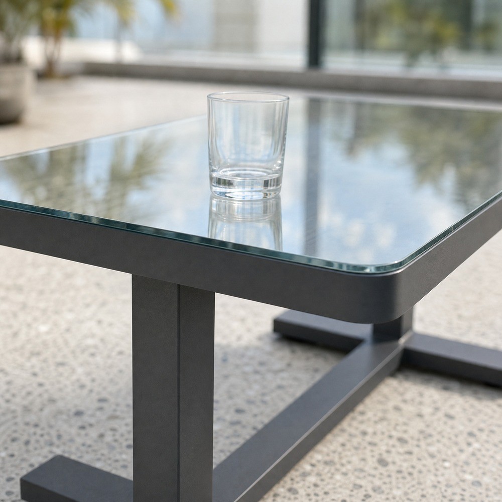Coffee table with a glass top showing the frame below