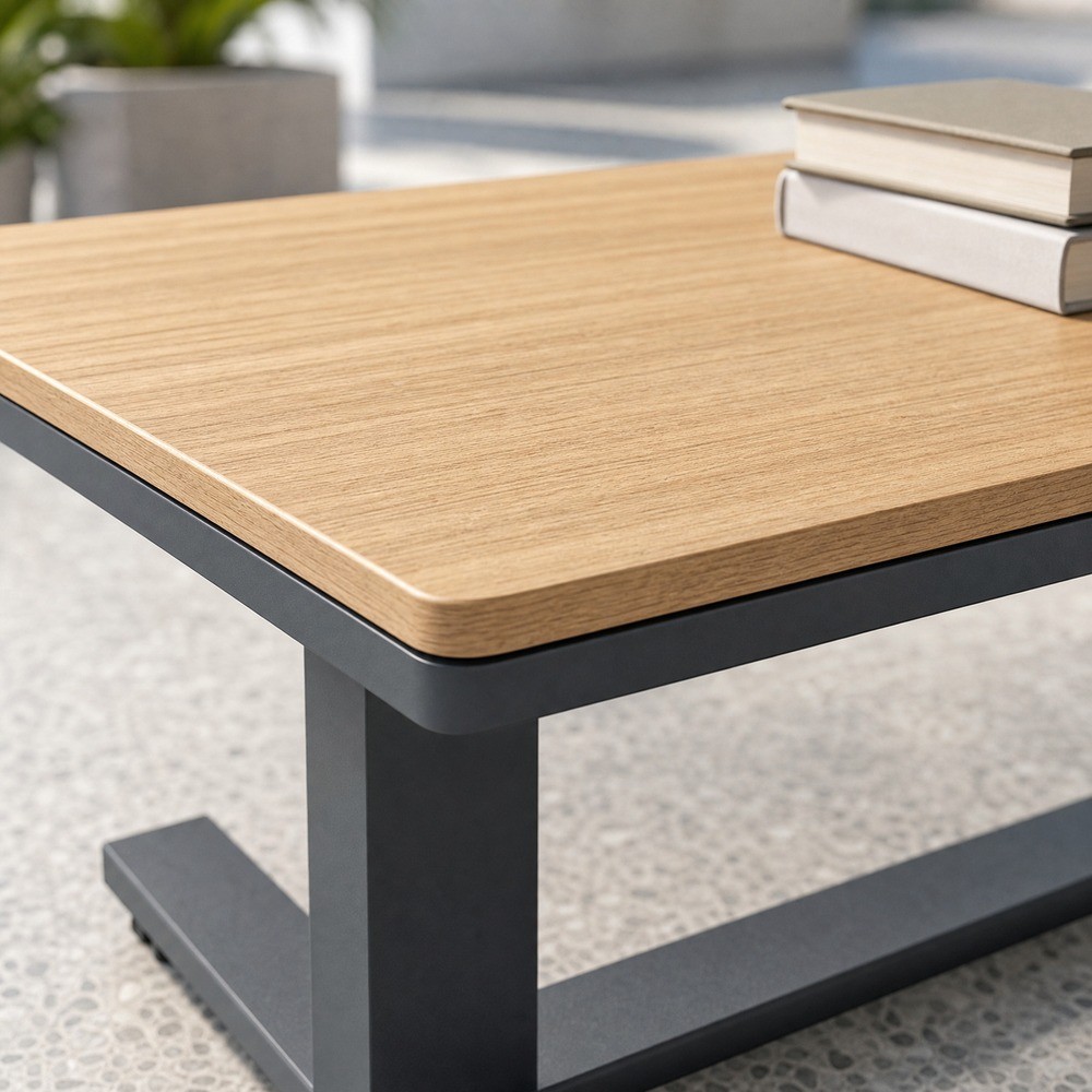 Coffee table with a solid wood panel top and rounded corners