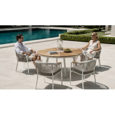 Rope Weave Outdoor Armchair | White Aluminium Barrel-Back Patio Chair with Teak Arms for Garden Terrace Hotel