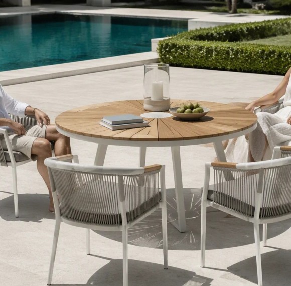 Rope Weave Outdoor Armchair | White Aluminium Barrel-Back Patio Chair with Teak Arms for Garden Terrace Hotel